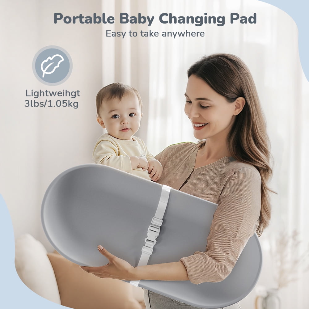 Baby Changing Pad, Caveen Lightweight and Portable Changing Station for Diaper Change and Dresser, with Safety Restraint Belt, Waterproof ,Light Grey