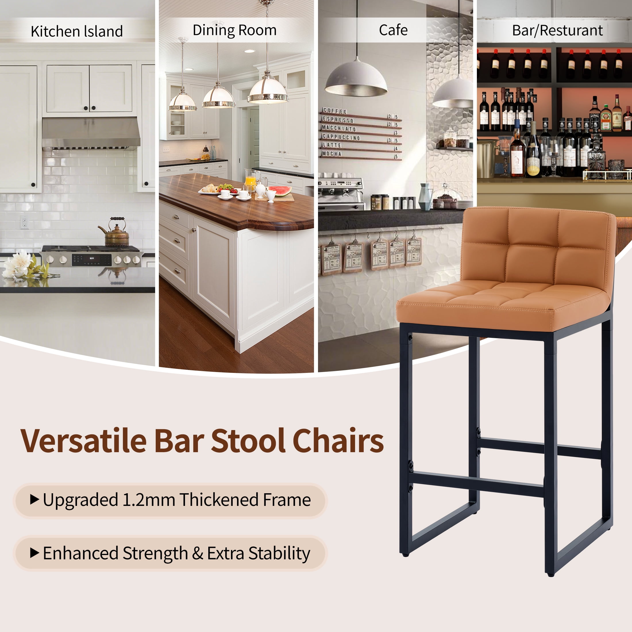FIRAVOE Bar Stools Set of 2, Counter Height Bar Stools (Low Back)(Thickened Frame) 26" PU Leather Barstools Bar Chairs for Kitchen Island, Caramel Brown