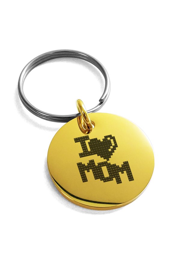 Rose Gold Stainless Steel Pixel I Heart Mom Small Medallion Circle Charm Keychain Keyring