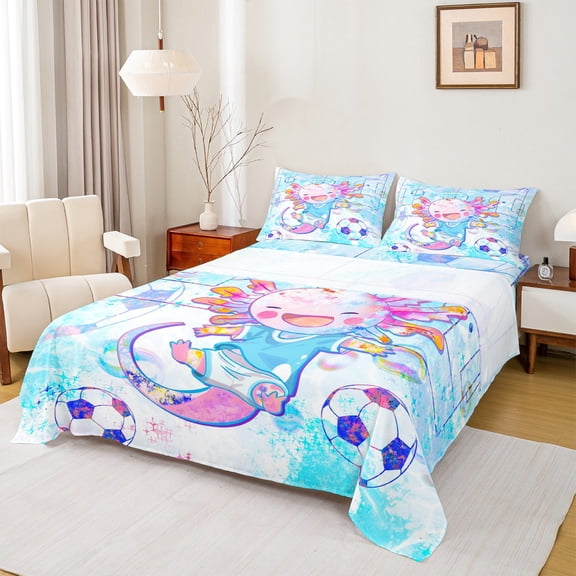 Castle Fairy Cartoon Animal Axolotl Twin Sheet Sets,Sport Soccer Salamander Bedding