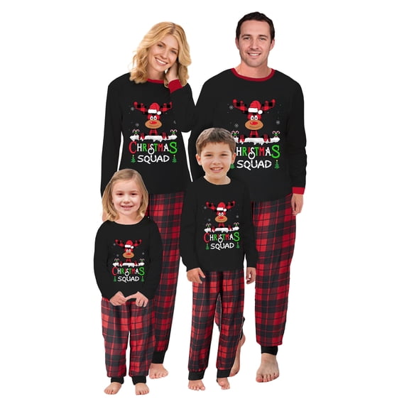 Christmas Pajamas for Family Long Sleeve Cartoon Elk Print Tops Plaid Pants Set Sleepwear