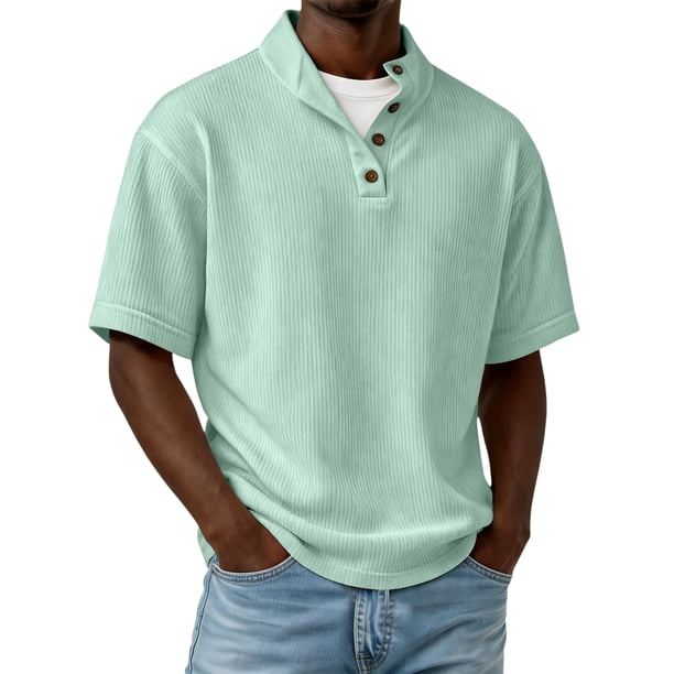 Blusas y camisas de manga corta y cuello redondo para hombre, de pana, color liso, informales, a la moda, con medio botón, cuello alto, manga corta, de poliéster.