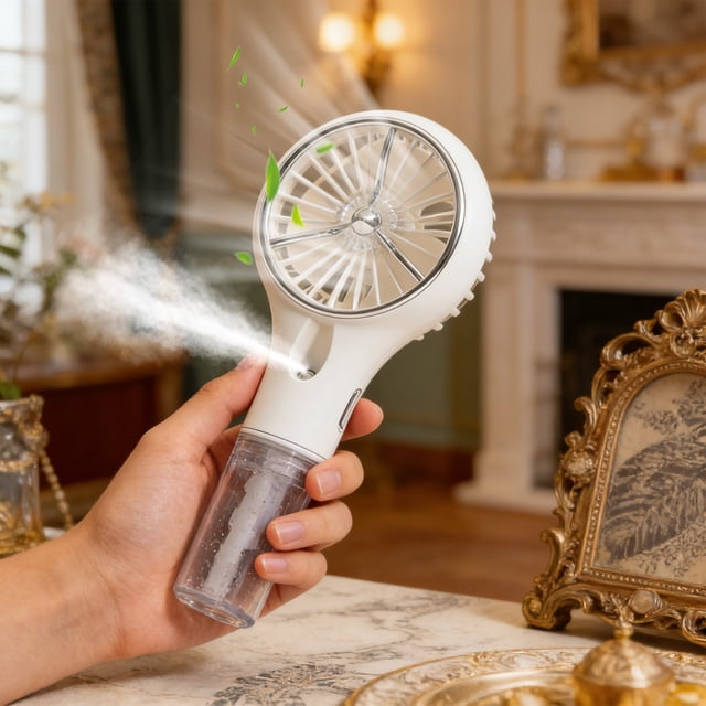 Ventilador de mano con rociador y batería recargable USB: ventilador portátil de niebla de agua para uso en exteriores durante el verano, base de escritorio incluida, velocidad ajustable par