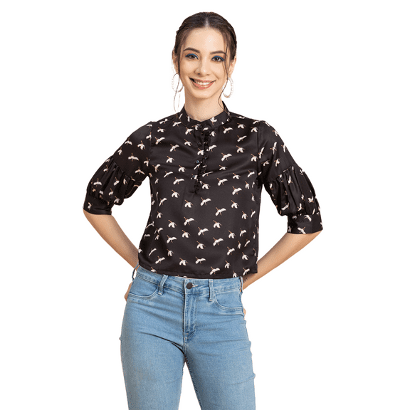 Moomaya Womens Printed Top, Quarter Sleeves Formal Top Ruffled Button Placket