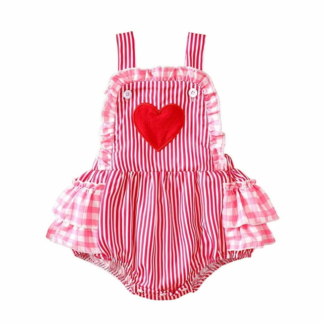 Rhoudy Barboteuse Fille Col Ras du Cou Sans Manches Cœur Brodé Rayé Combinaison une-Pièce Robe Rose 6-12 Mois