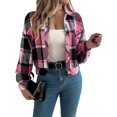 thumbnail image 7 of Wevis Women's Collared Plaid Long Sleeve Button Front Cropped Shacket with Pockets - ROSERED_S, 7 of 7