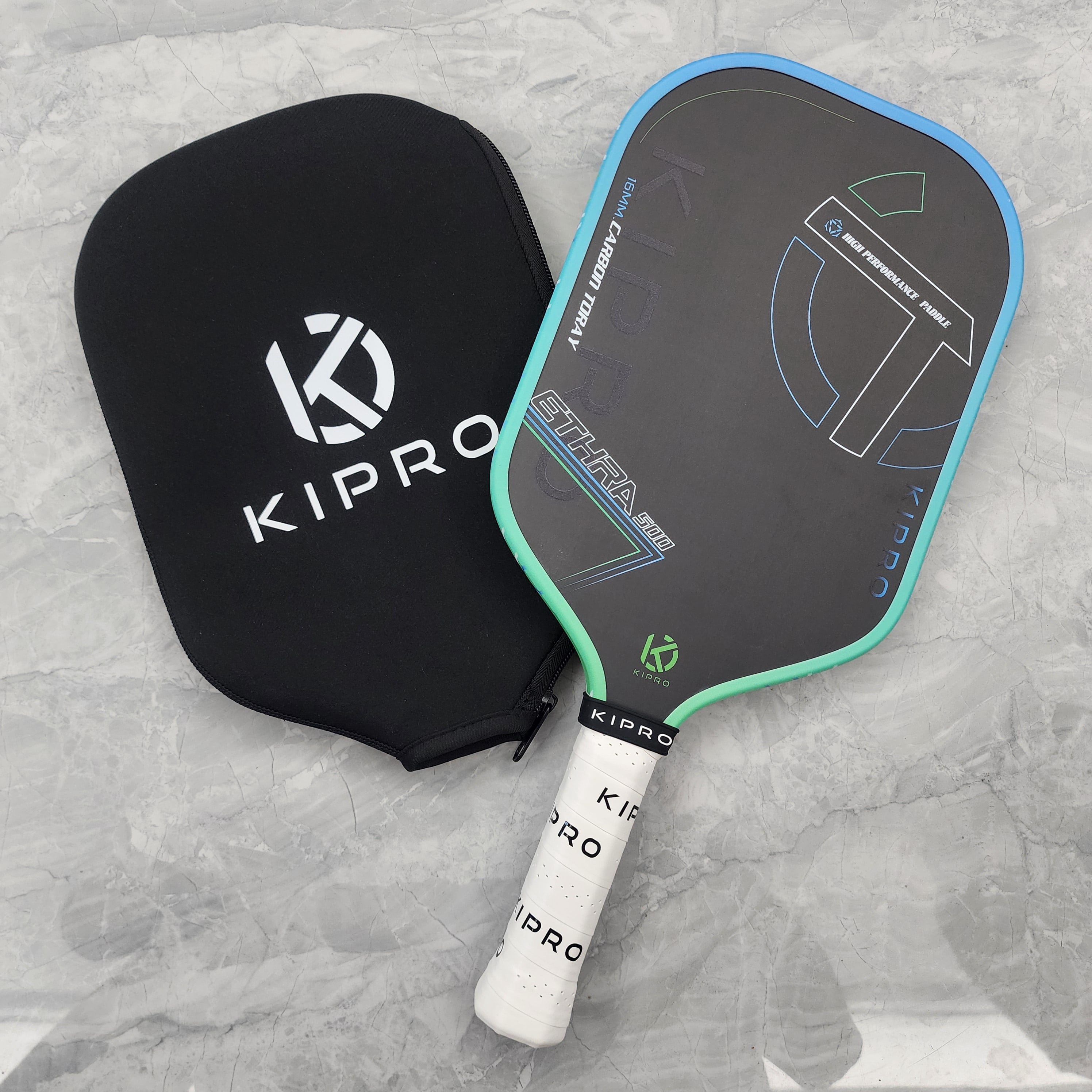 Kipro Hyperion Carbon Friction Surface 16mm Pickleball Paddle with Racket Cover, Elongated Handle, Black