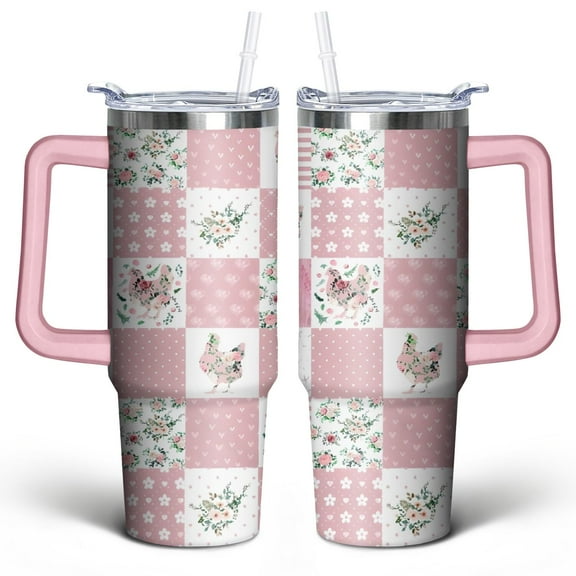 30oz Pioneer Tumbler with Handle Lid and Straw,Bohemian Style Colorful Floral Vintage Tumblers Gifts for Women Girls Men Adults Pink