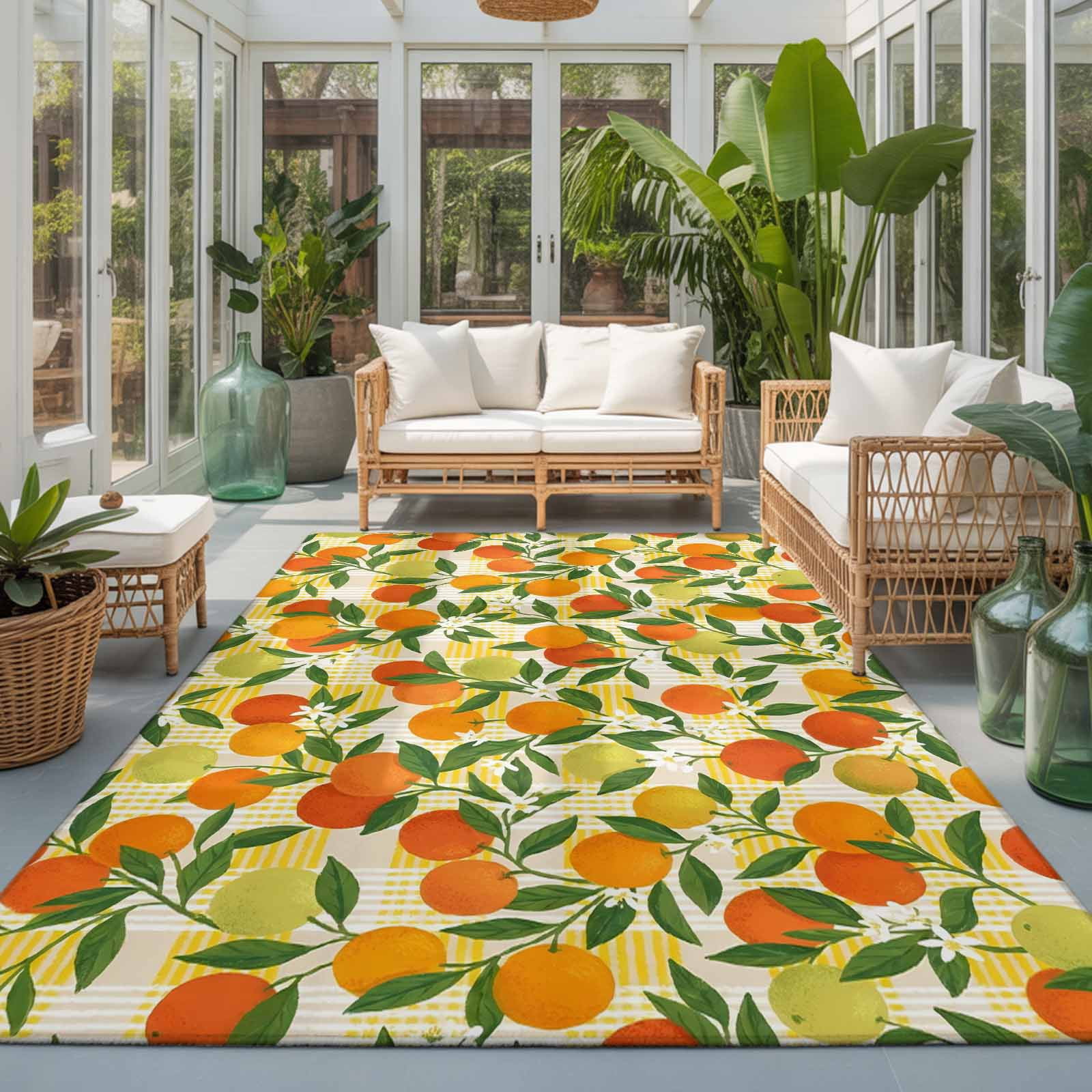 Large Area Rugs 5'x8', Green Orange Carpet Runner Indoor Outdoor Rugs Home Decor Aesthetic, Summer Botanical Leaves Watercolor Checkered Non Slip Mats Washable Accent Rug for Living Room Bedroom