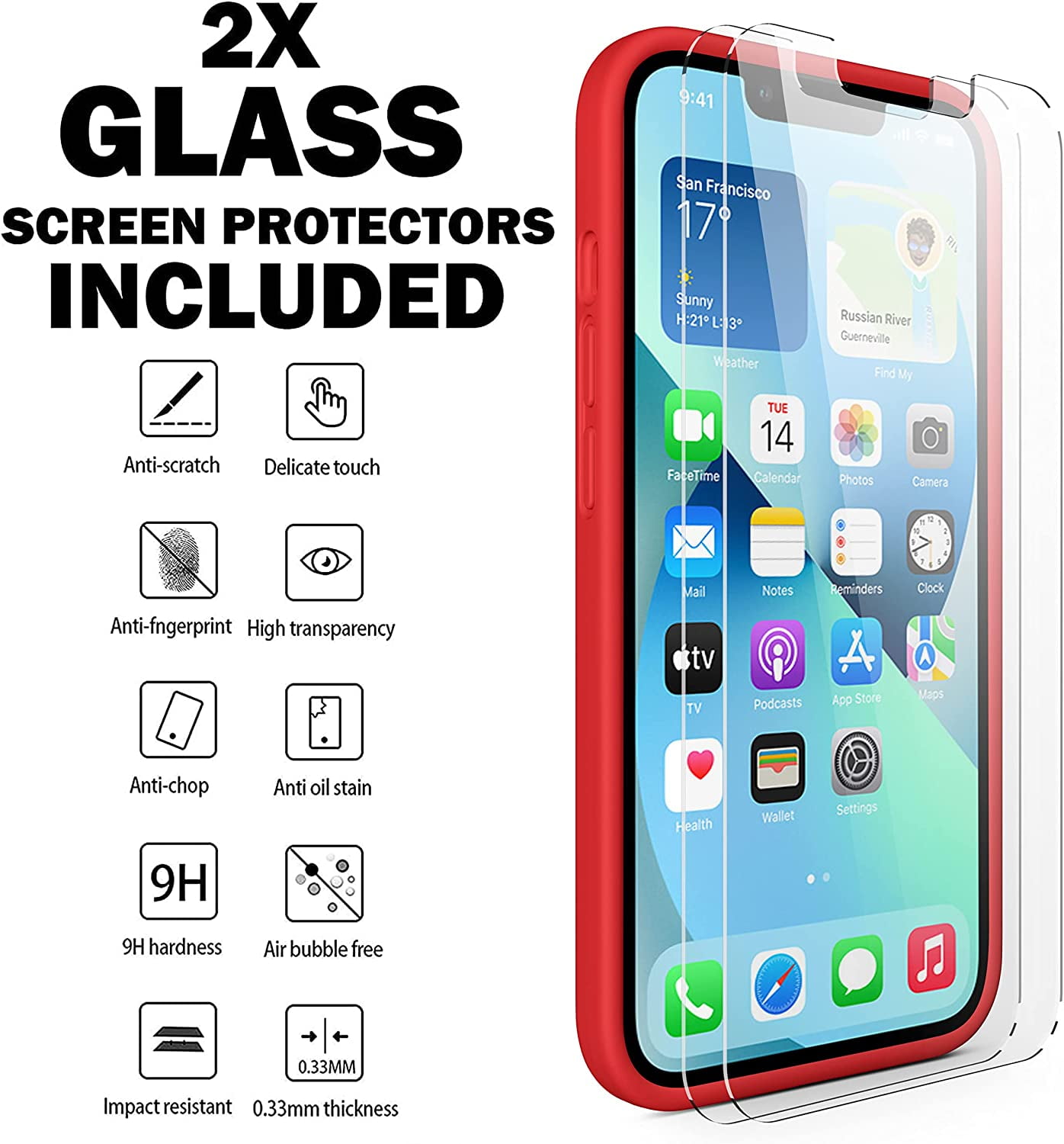 CellEver Heavy-Duty Silicone Case for iPhone 13 Pro Max - Two Shatterproof Glass Screen Protectors, Military Drop Protection, Scratch-Free Interior, Bright Red