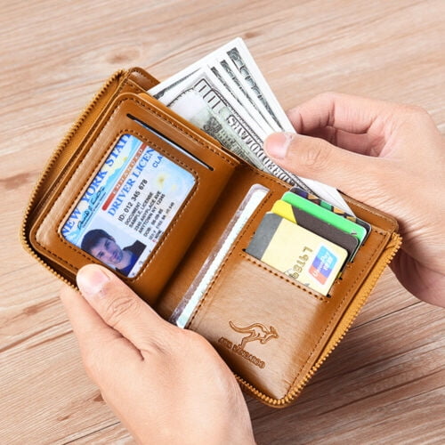 Porfeet Men Faux Leather ID Card Holder Zipper Pocket Money Clip Business Bifold Wallet,Brown, Men's, Size: One Size