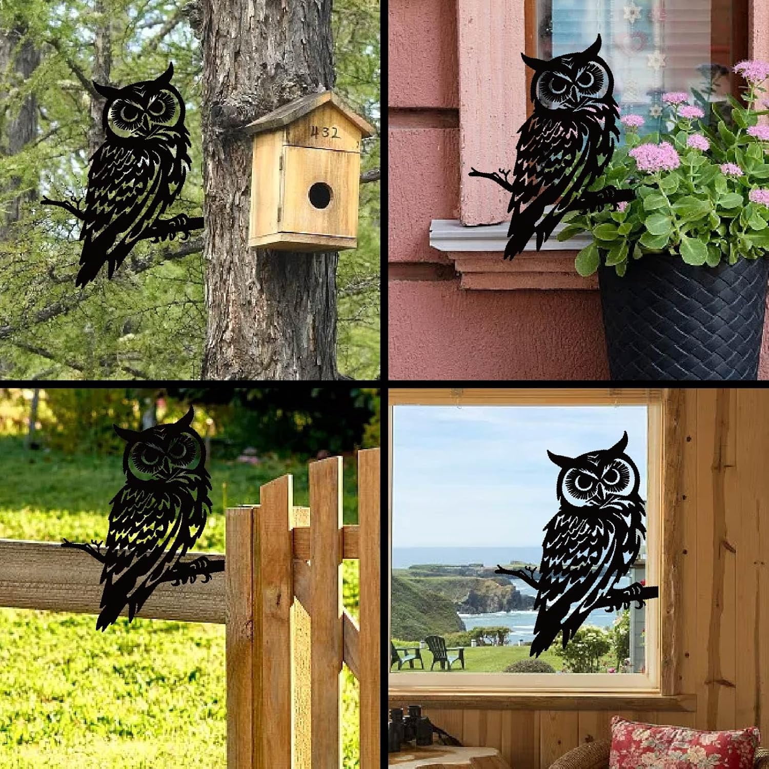 Owl Metal Yard Art Bird Garden Statues Outdoor Iron Owl Tree Stake Black Decorative Wild Animal Black Silhouette Wall Ornaments Yard Art Insert for Outdoor Fence Farm Lawn Patio 11.8x11.8in