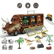 Dinosaur Toy - 14 Pieces Dinosaur Truck Carrier for Kids Pull Back Dino Cars Toy with Sound, Music Light Dinosaur Car Transporter with Cars Launcher Track Dino Park Pretend Toy for 3  Years Boys Girls