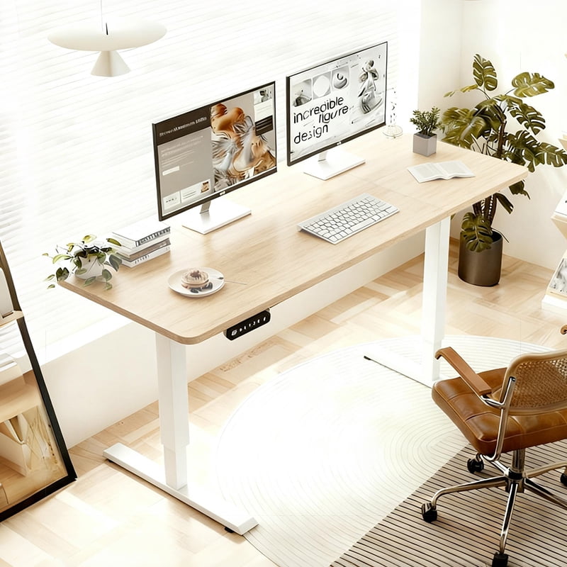 Electric Standing Desk 55x24 Inch, Height Adjustable Sit Stand Desk, Heavy Duty Steel Frame, 4 Memory Presets, Anti-Collision, Home Office Gaming Workstation, Light Oak