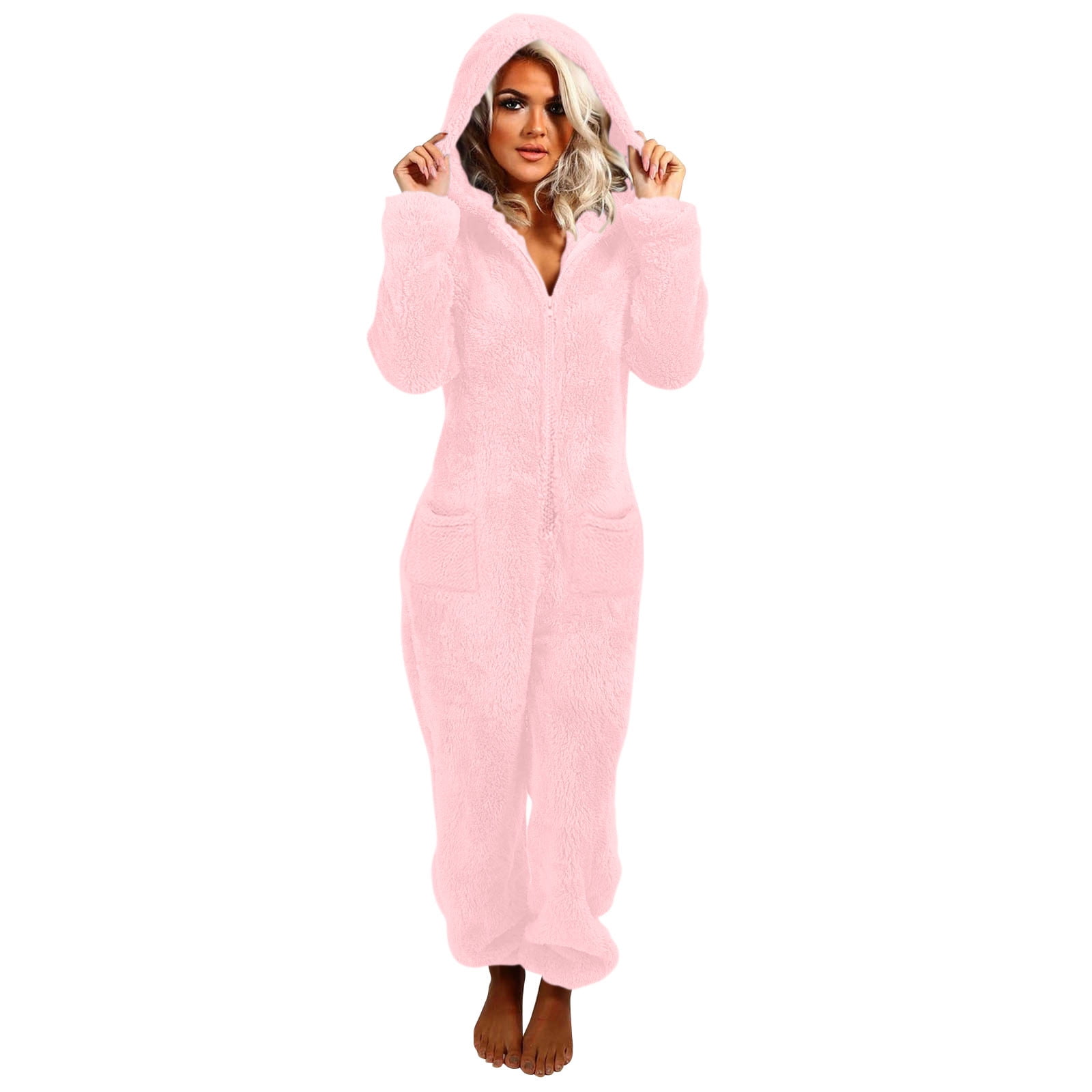 Jsaierl Womens Fleece Onesies Pajamas Jumpsuit Warm Sherpa Romper Sleepwear One Piece Zipper Hooded Playsuit Loungewear Christmas Pajamas