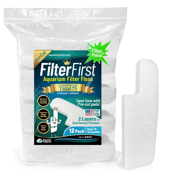 Aquatic Experts Aquarium Filter Floss for Fish Tank Filters - FilterFirst Aquarium Filter Pad - Media for Crystal Clear Water, (12 Pack, Tidal 75 Compatible)