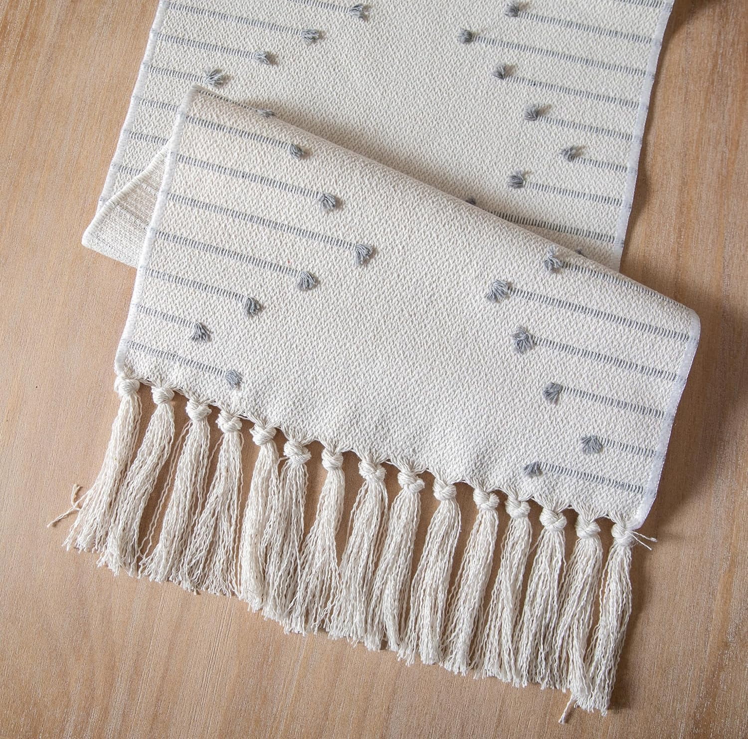 Boho Table Runner 13 x 90 Inch Long Natural Cotton Woven Runner with Tassels for Home Dining Table décor, for Modern Farmhouse Decor Coffee Table Runner, Taupe and Beige