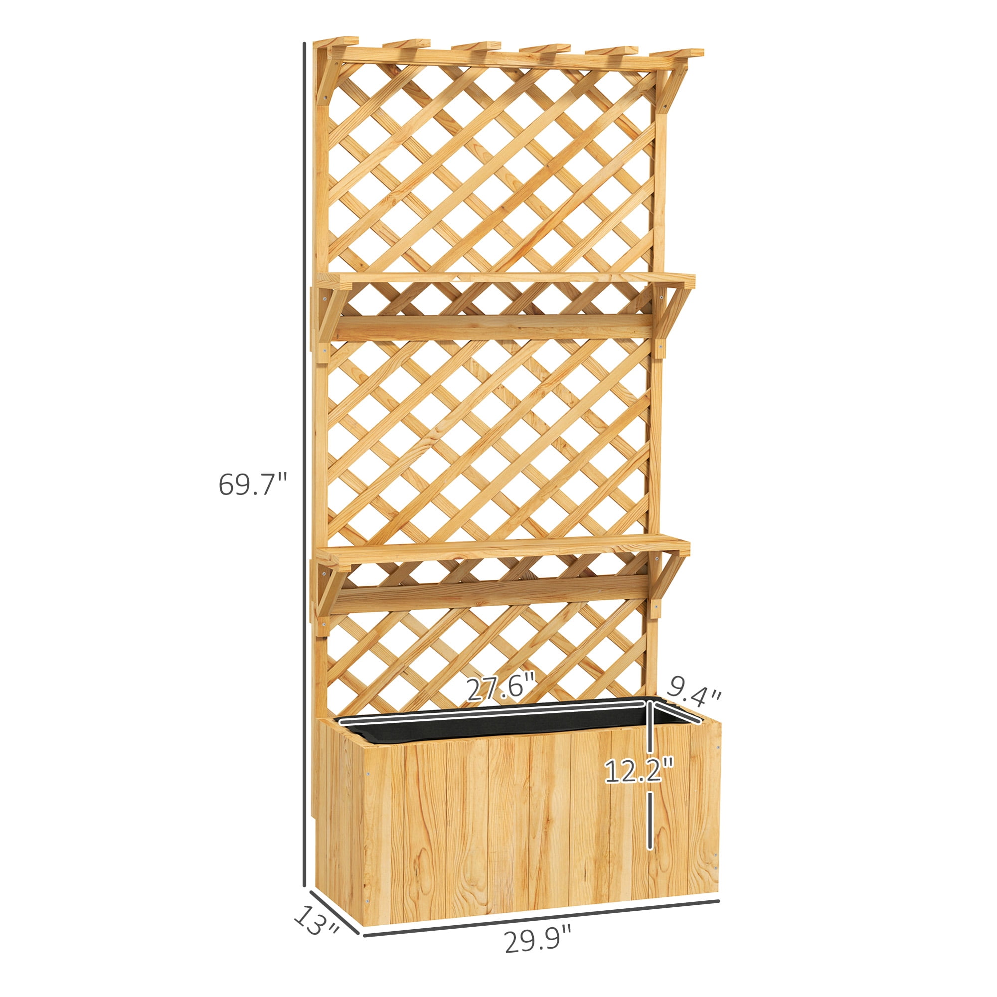 Outsunny Wooden Raised Garden Bed, Planter with Trellis, Hanging Roof, Plant Shelf, Drainage Holes and Bed Liner, Natural