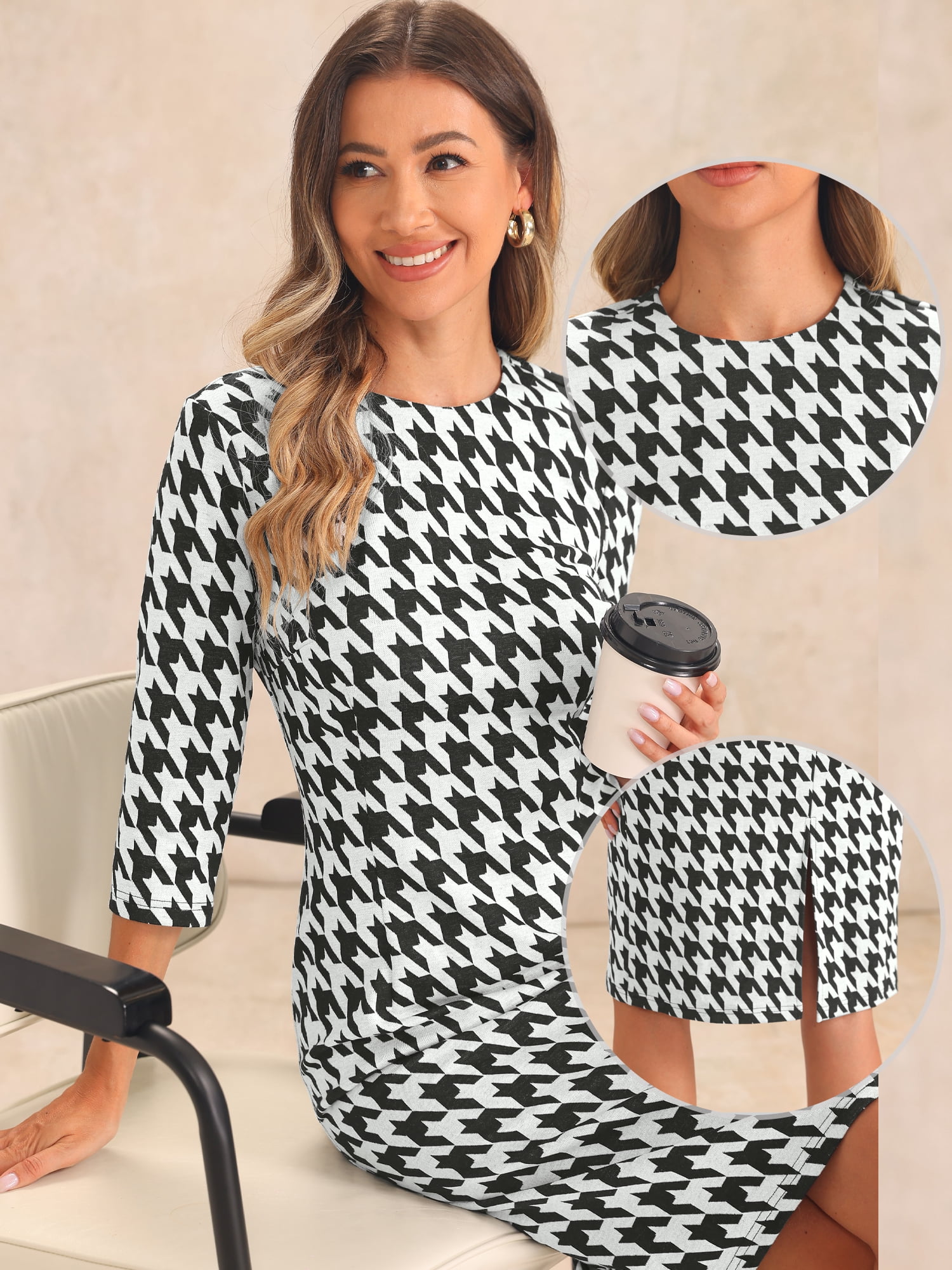 DARING DIVA Vintage Houndstooth 3/4 Sleeve Bodycon Dress M Black