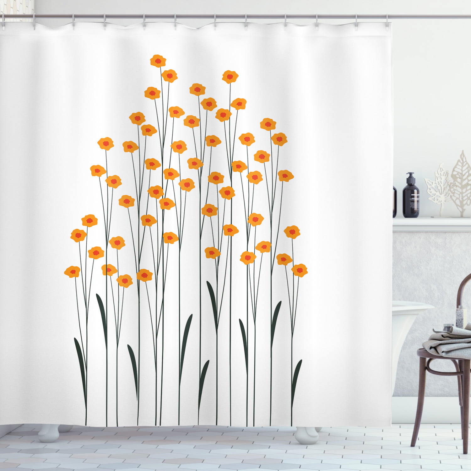 Flower Decor Shower Curtain, Hand Drawn Yellow Daisies like Flowers ...