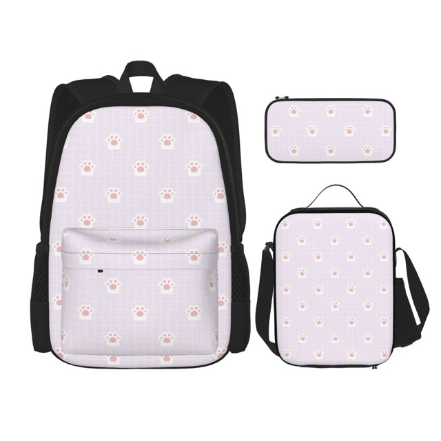 Disketp Kawaii Cat Paw Mochila Estampada de Gran Capacidad con Lonchera y Estuche, Set de 3 Piezas para Estudiantes