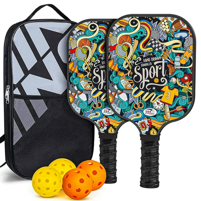 Pickleball Paddle Set Carbon Fiber Pickle Ball Rackets For Pros, Lightweight Graphite & Carbon Fiber Paddles With Honeycomb Core, 2 Padels, 4 Balls & Carry Bag