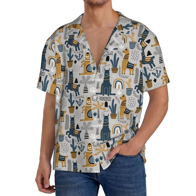 Balery Llama and Cactus1 Camisa Casual de Manga Corta con Botones para Hombre, Texturizada, Estilo Cubano, para Playa, Verano-Large