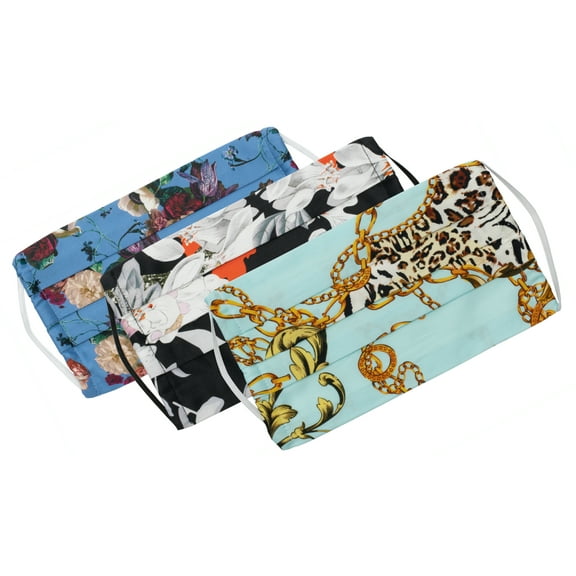 Medi Sons Supply Women's Face Covering Mask Re-usable Washable Designer Cotton Fabric, Floral/Chains/Animal Patterns, 3 Pack
