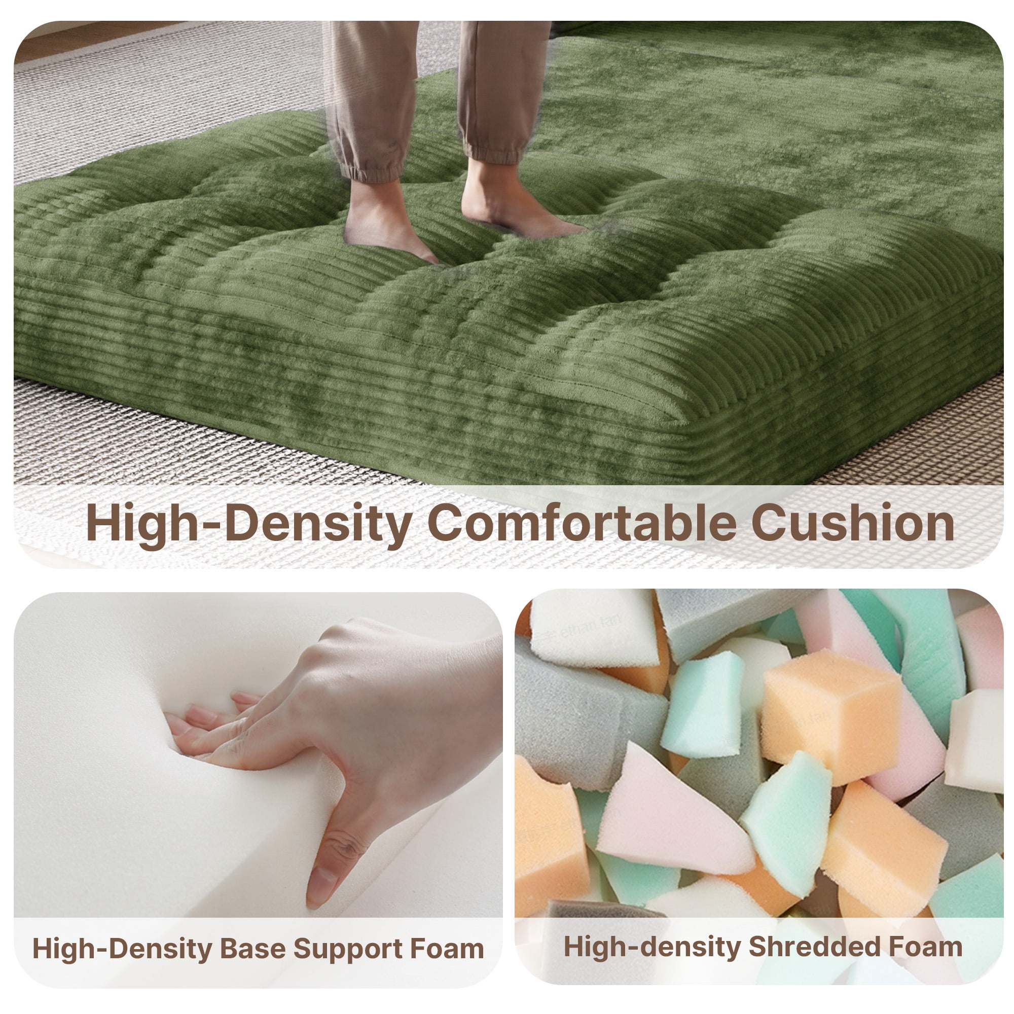 Boneless Convertible Floor Sofa Bed, Lofka 59" Folding Loveseat Couch for Small Spaces, Corduroy 2 Seater Lounge Sleeper with 2 Pillows & Pockets for Living Room, No Assembly, Green