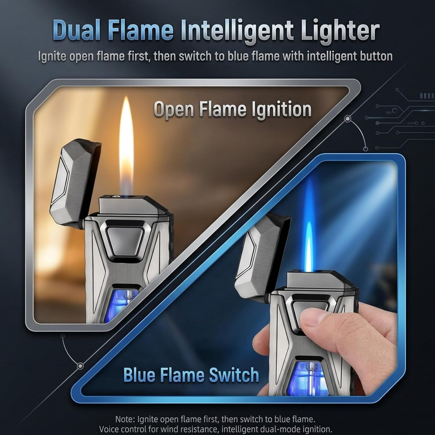 Voice Activated Lighter, Voice Activated Dual Flame Lighter (Butane Not Included) | USB Rechargeable Windproof Refillable with Visible Window (Green)