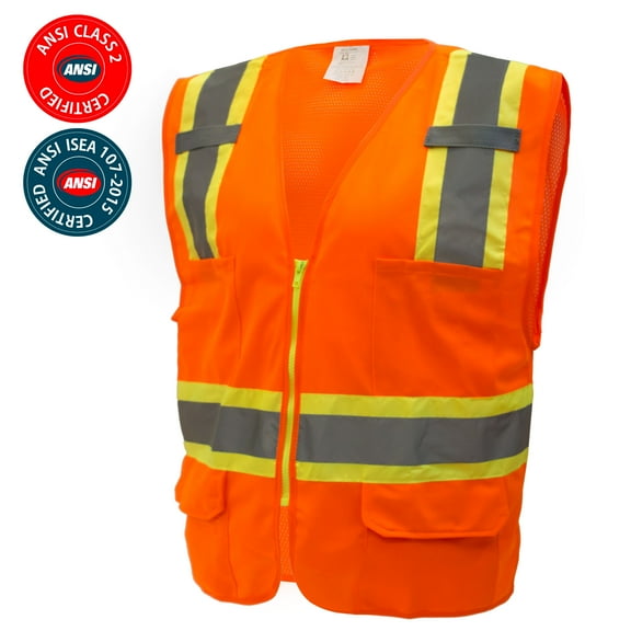 RK Safety Two Tone High Visibility Safety Vest- ANSI Class 2 - Neon Orange / Large