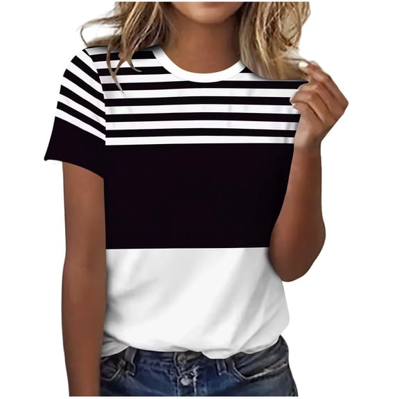 Htigea Womens Summer Tops Striped Color Block Short Sleeve T-Shirt Soft Comfortable Casual Tees Summer Clothes Black S
