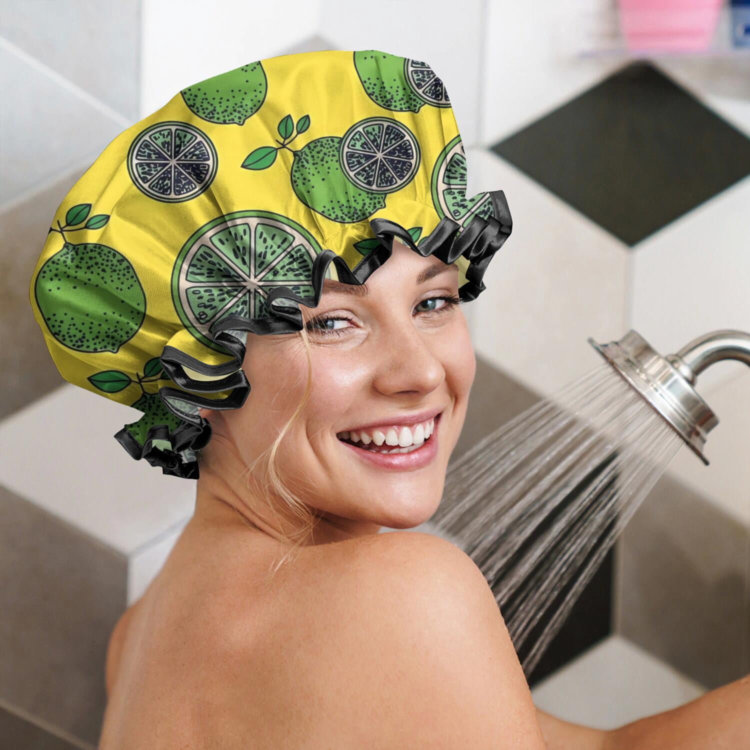 Shower Caps,Green Lime Slices Yellow Pattern Waterproof Shower Cap for Women 4 Pieces,Double Reusable Hair Cover for Shower PEVA Elastic Stretch Hem