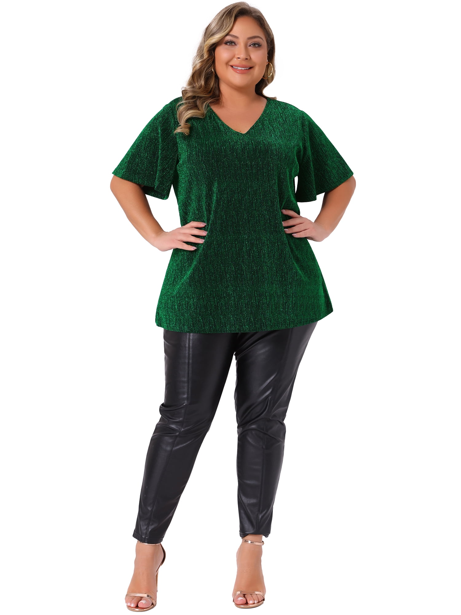 Women's Plus Metallic Tops V Neck Short Sleeve T-Shirt Party Top Glitter Blouses 3X Green