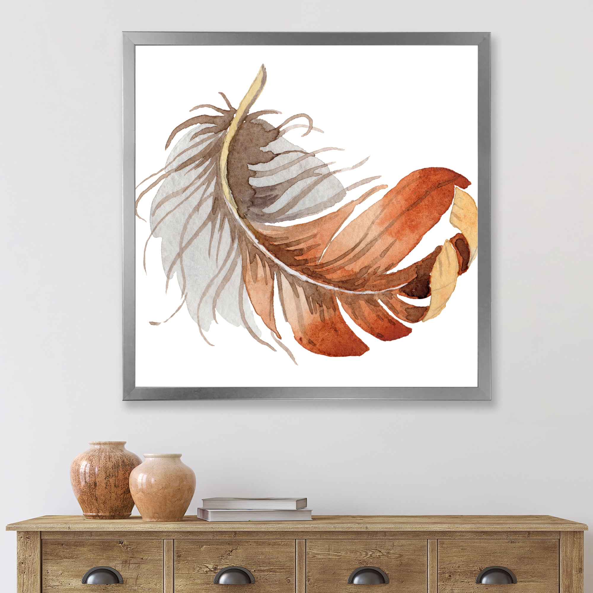 Designart 'Orange Ethnic Bird Feather On White' Bohemian & Eclectic Framed Art Print
