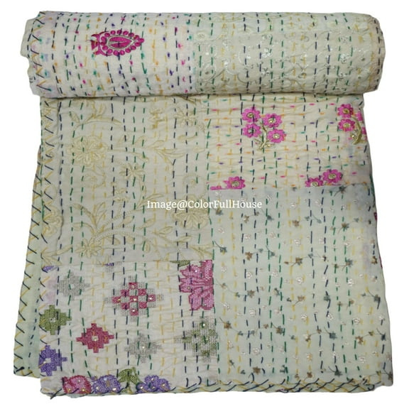 Patchwork Cotton,Silk Katha Quilt,Vintage Gudri, Bedsheet, Bedspread,Blanke Size( Double 90" x 108")