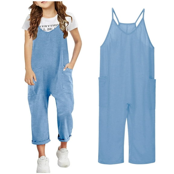 Teen Girls Jumpsuit Sleeveless Spaghetti Strap Rompers With Pockets V Neck Harem Pants Jumpsuits Rompers For Girls 12-14