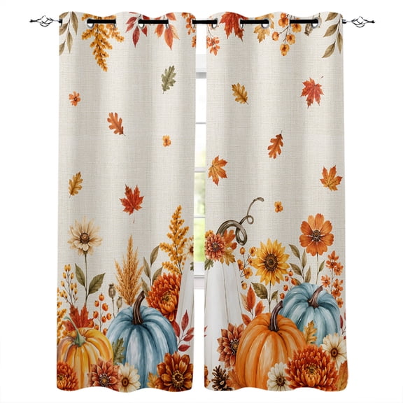 Thanksgiving Blackout Curtains for Bedroom Living Room, Fall Blue White Pumpkins Orange Flower Linen Texture 39 In Long Thermal Insulated Room Darkening Drapes Grommet Window Treatments, 27.5 x 39 In