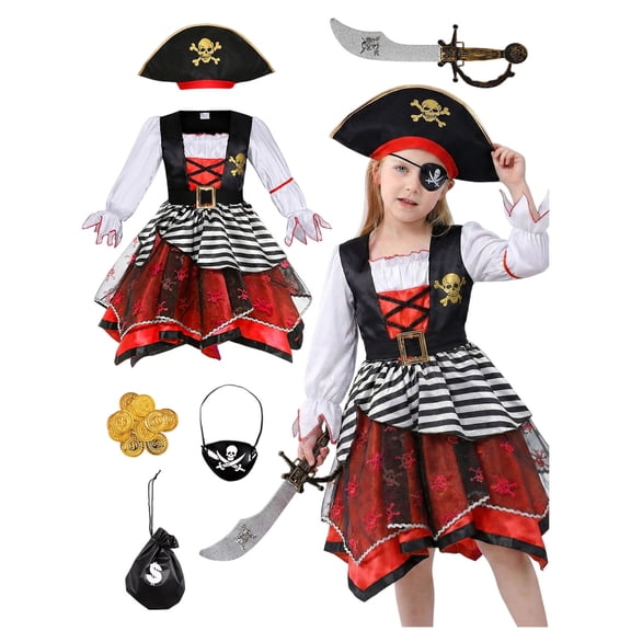 Kogui Pirate Themed Fairy Sundress With Hat Eye Patch Kids Carnival Halloween Cosplay Outfit (Brick Red, 7-9 Years)