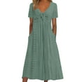 thumbnail image 2 of NSLGXD Summer Eyelet Midi Dresses for Women 2025 Short Sleeve V Neck Tie Waist Dresses Pleat Loose Comfy A-Line Dresses with Pockets, 2 of 7