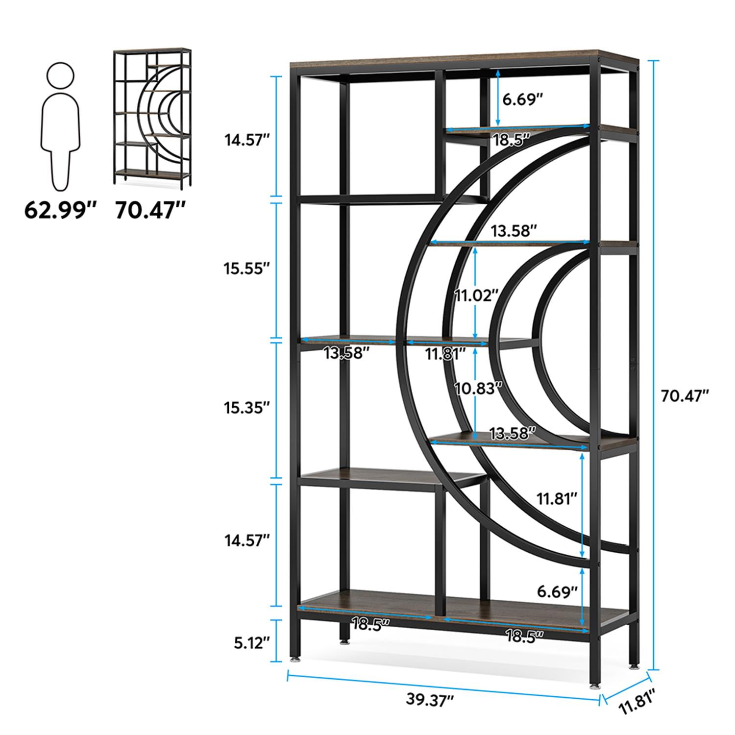 Demi Bonn 8 Tier Bookshelf, Wood and Metal Bookcase Storage Organizer, 71" Tall Geometric Display Standing Shelf Unit for Bedroom, Living Room, Brown