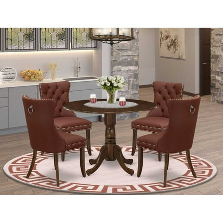 5 Piece Kitchen Dinette Set - Round Table with Dropleaf & 4 Chairs - Modern Walnut Finish