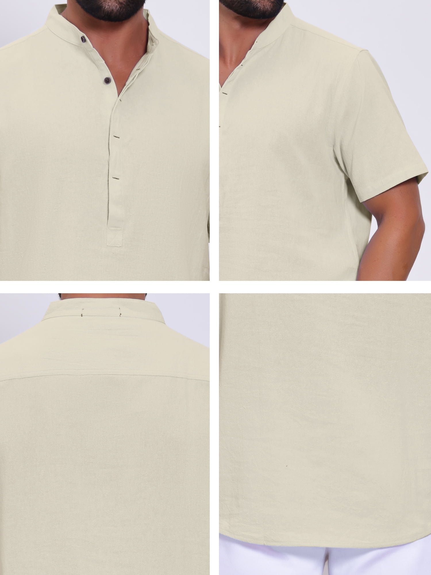 DARING DIVA Men's Casual Henley Band Collar Short Sleeve Summer Linen Shirts M Apricot