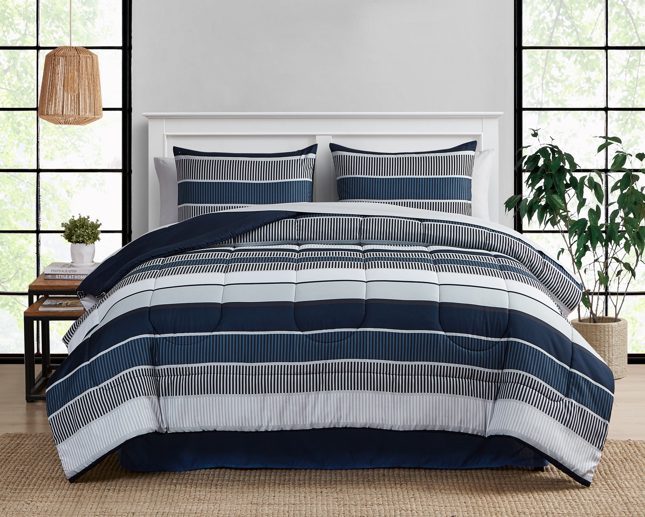Blue White Beige Plaid Striped 8 Piece Comforter Bedding Set King Size for sale online 