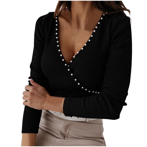 Knitted Tops with Pearls for Women Wrap V-Neck Sexy Tops Slim Fit Long Sleeve Ribbed Blouse Trendy Going Out T Shirts