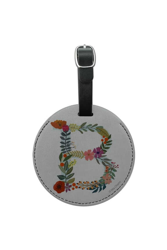 Letter B Floral Monogram Initial Round Leather Luggage Card Suitcase Carry-On ID Tag