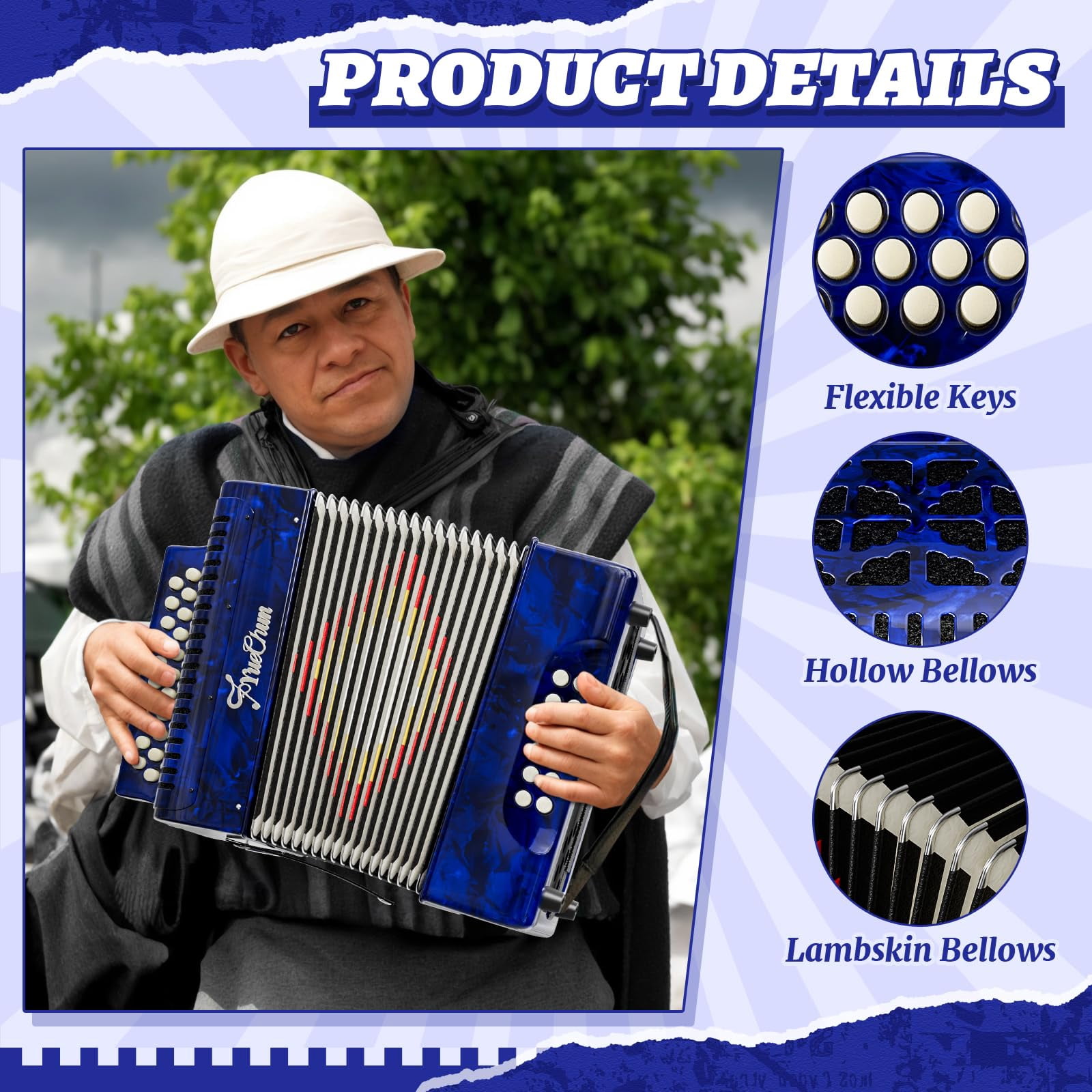 YueChun Accordion, 31 Keys 12 Bass G/C/F Diatonic Button Accordion , Portable Professional Button Accordion with Case (Blue)