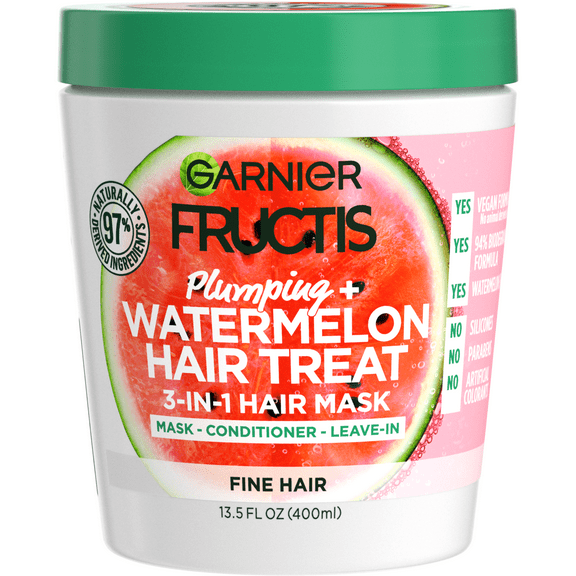 Garnier Fructis Plumping Nourishing Treat 3 in 1 Hair Mask, Frizzy Hair, Watermelon Extract, 13.5 fl oz