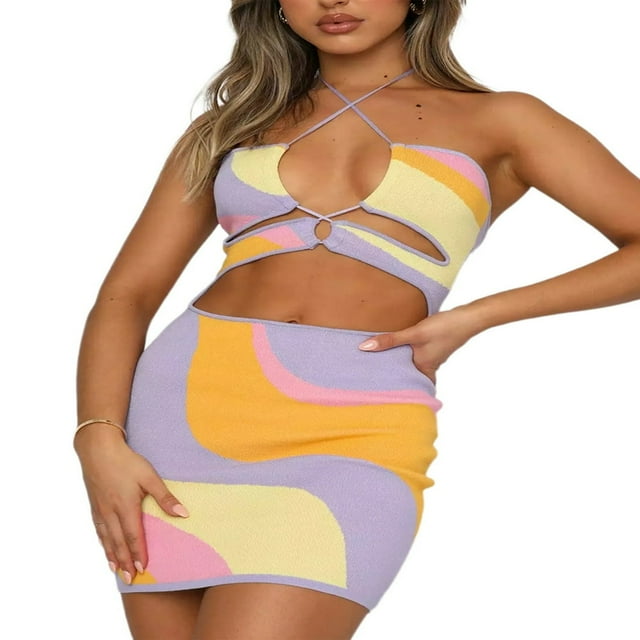 Women‘s Halter Dress Patchwork Color Hollow-Out Sleeveless Backless Cross Bandage Mini Bodycon Dress