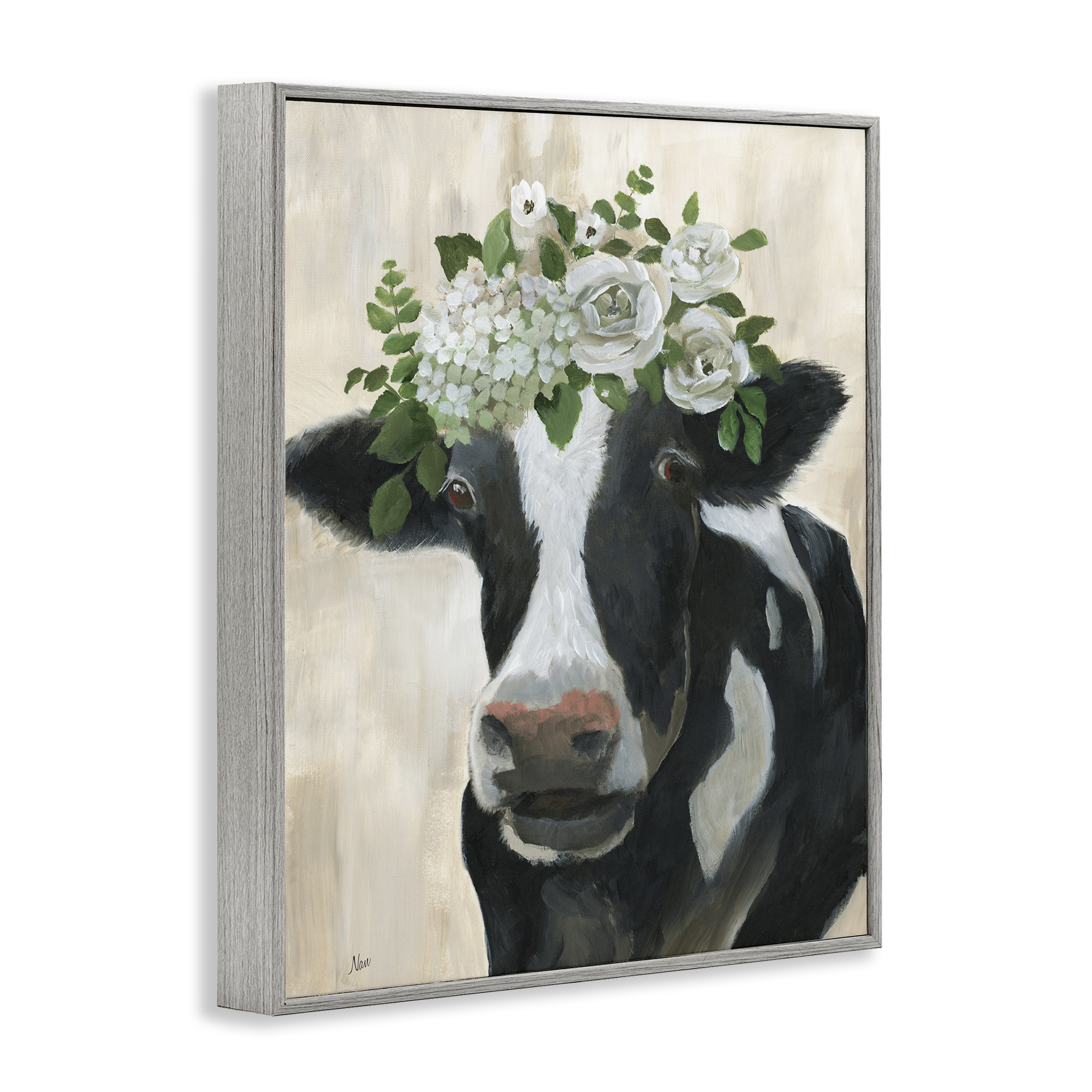 Stupell Industries Floral Crown Cow Animals & Insects Painting Gray Framed Art Print Wall Art, 11 x 14